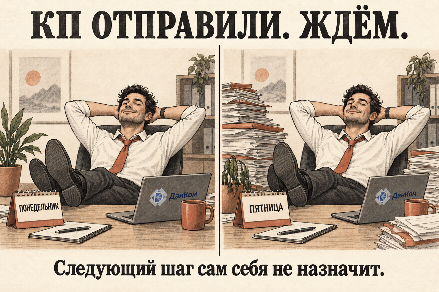В понедельник КП отправили. В пятницу всё ещё ждут ответа. Следующий шаг сам себя не назначит.